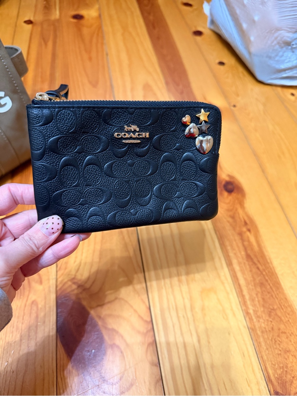Coach Black Embossed Leather Zip Card Pouch with Gold Stud Accents